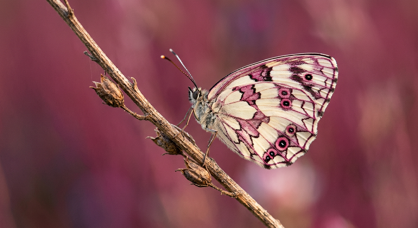 A pink and cream butterfly resting on a dried wildflower stem.